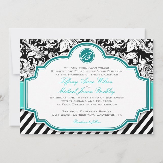 Invitación a la boda turquesa con damasco blanco n (Anverso)