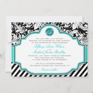Invitación a la boda turquesa con damasco blanco n