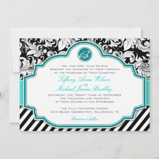 Invitación a la boda turquesa con damasco blanco n