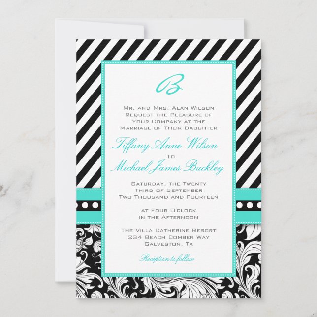 Invitación a la boda turquesa con damasco blanco n (Anverso)