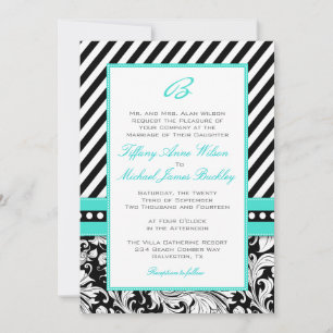 Invitación a la boda turquesa con damasco blanco n