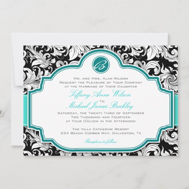 Invitación a la boda turquesa con damasco blanco n (Anverso)