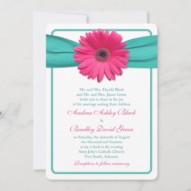 Invitación a la boda turquesa de Gerber Daisy (Anverso)