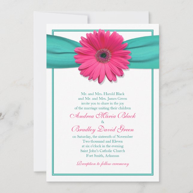 Invitación a la boda turquesa de Gerbera rosa Dais (Anverso)