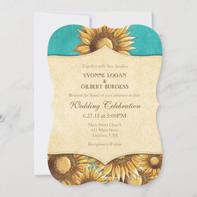 Invitación a la boda turquesa de girasol (Anverso)