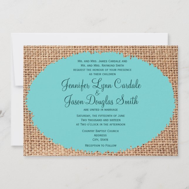 Invitación a la boda turquesa en Burlap Country Rú (Anverso)