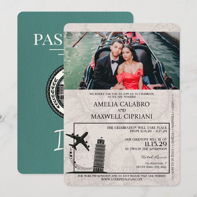 Invitación a la boda turquesa en Italia (Anverso / Reverso)
