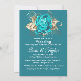 Invitación a la boda Turquesa Rosa y plumas de oro