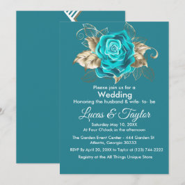 Invitación a la boda Turquesa Rosa y plumas de oro