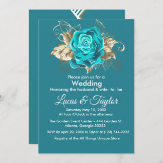 Invitación a la boda Turquesa Rosa y plumas de oro