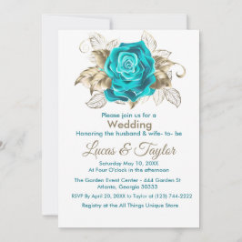 Invitación a la boda Turquesa Rosa y plumas de oro