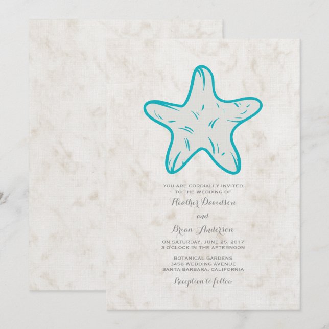 Invitación a la boda turquesa rusa de Starfish (Anverso / Reverso)