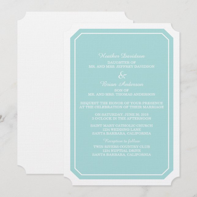 Invitación a la boda turquesa simple y elegante (Anverso / Reverso)
