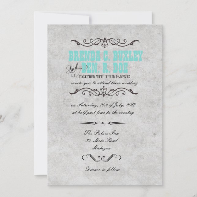 Invitación a la Boda Turquesa Vintage (Anverso)