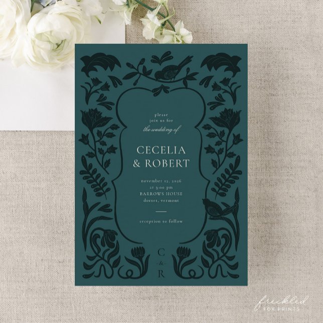Invitación a la boda turquesa y oscura del arte fl (Floral Art Deco Dark Turquoise Wedding Invitation)