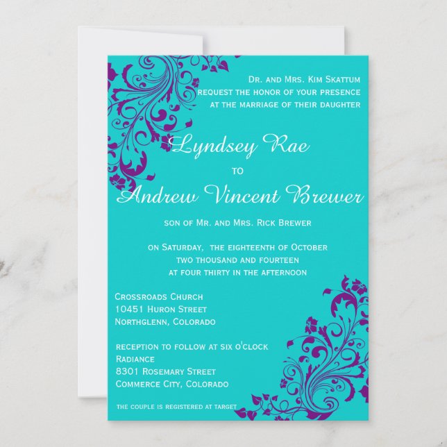 Invitación a la boda turquesa y púrpura (Anverso)