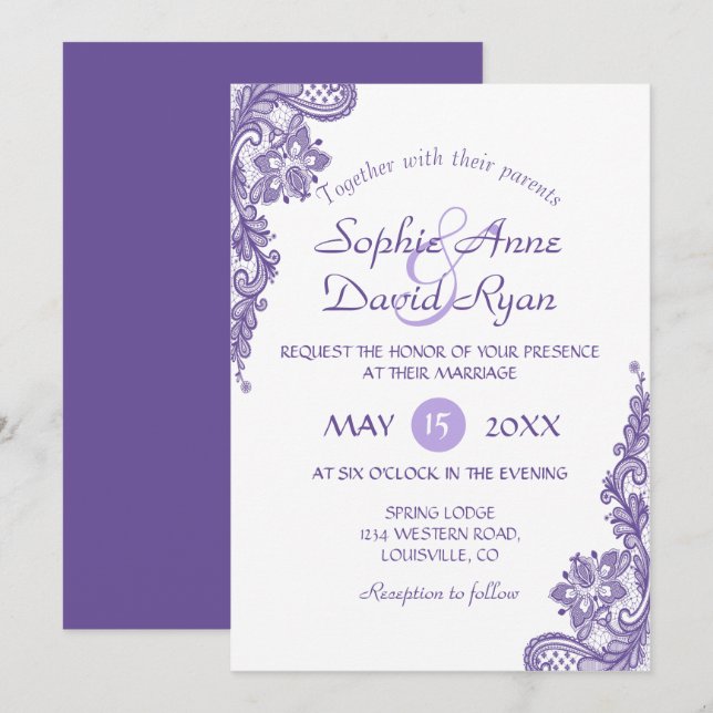 Invitación a la boda ultravioleta de encaje (Anverso / Reverso)