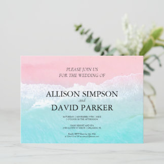 Invitación a la boda veraniega azul, rosa en la pl