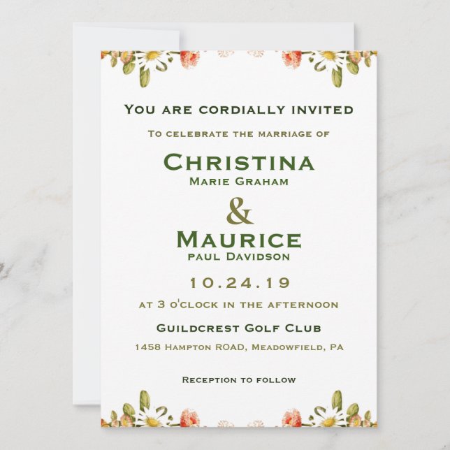 Invitación a la boda verde amarilla con flores de  (Anverso)