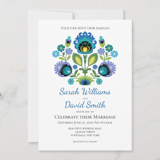 Invitación a la boda Verde azulada azul con flores (Anverso)