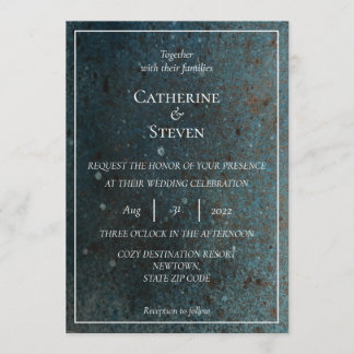 Invitación a la boda verde azulada azul, oro y cob