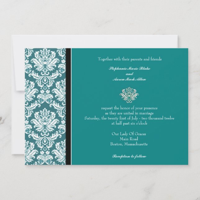 Invitación a la boda verde azulada clásica de dama (Anverso)