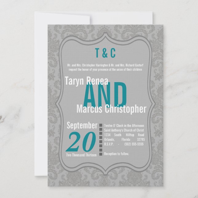Invitación a la boda Verde azulada con Damasco gri (Anverso)