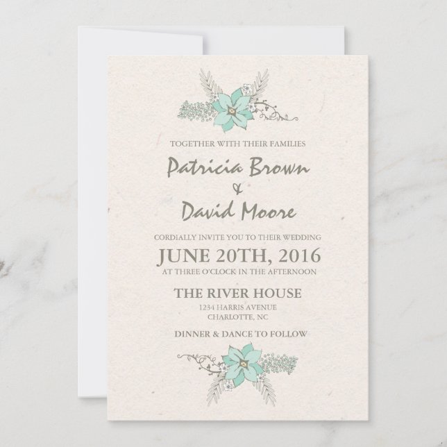 Invitación a la boda Verde azulada con el Bouquet  (Anverso)