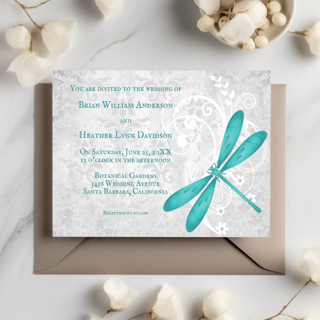 Invitación a la boda verde azulada con la libélula (Teal Dragonfly Wedding Invitation)