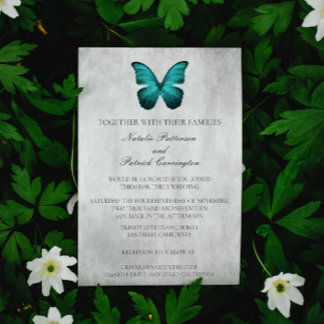 Invitación a la boda verde azulada con mariposas