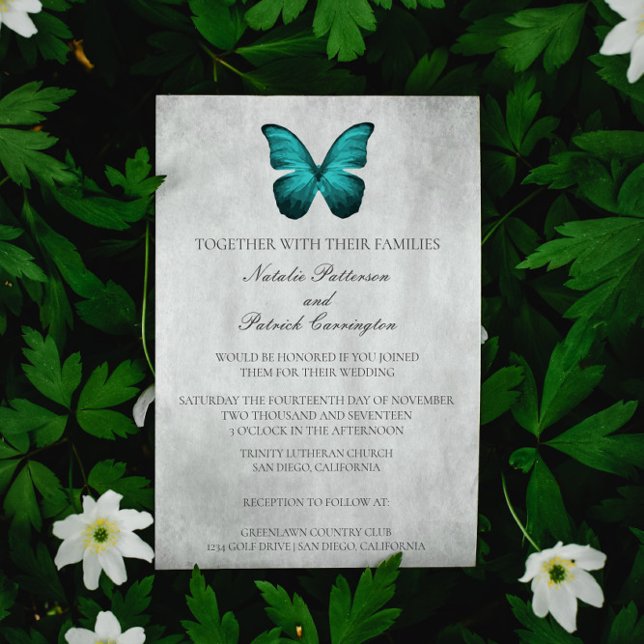 Invitación a la boda verde azulada con mariposas (Teal Butterfly Wedding Invitation)