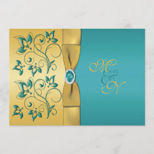 Invitación a la boda Verde azulada con monograma f