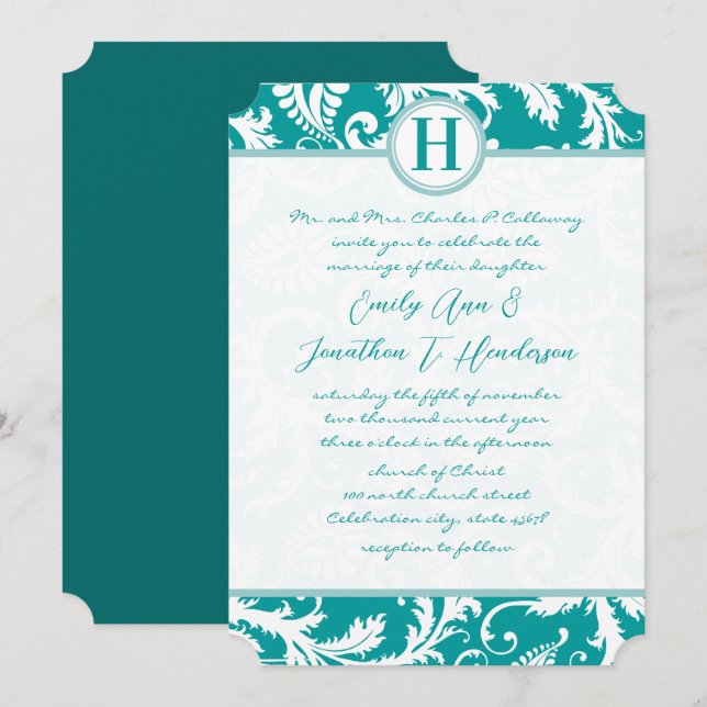 Invitación a la boda Verde azulada de Damasco Vint (Anverso / Reverso)