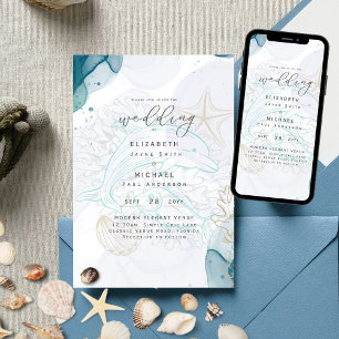 Invitación a la boda Verde azulada de Dolphins Oce
