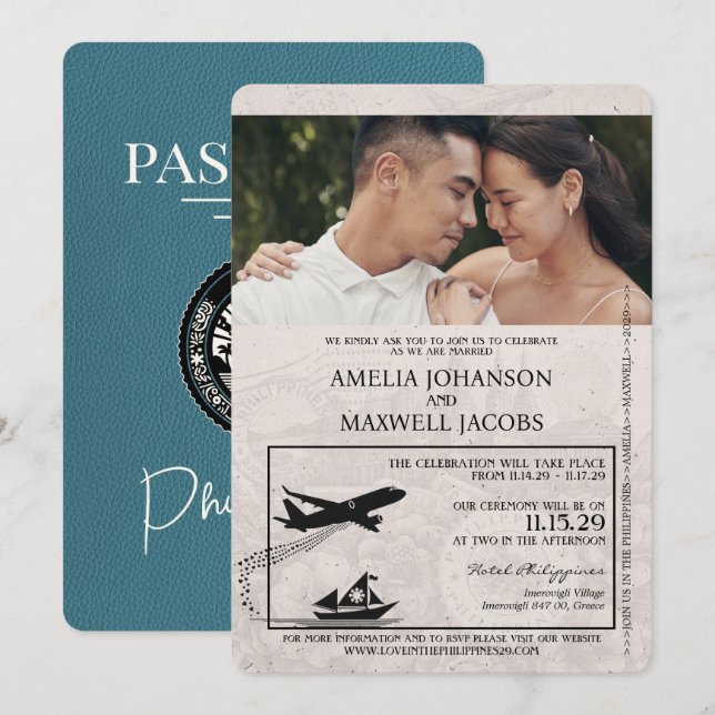 Invitación a la boda verde azulada de Filipinas co (Anverso / Reverso)