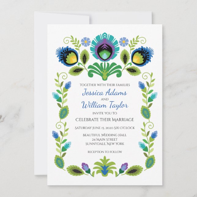 Invitación a la boda Verde azulada de flores folcl (Anverso)