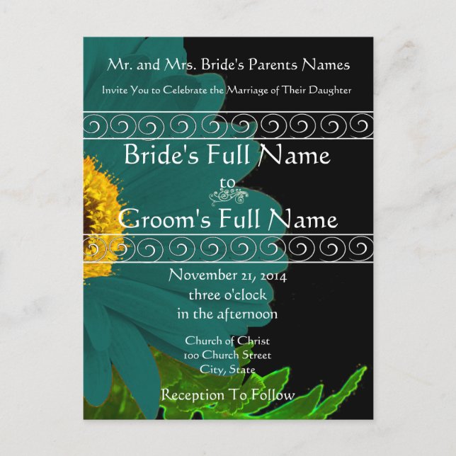Invitación a la boda verde azulada de Gerber Daisy (Anverso)