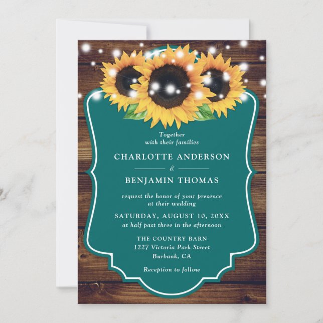 Invitación a la Boda Verde azulada de Girasol de M (Anverso)