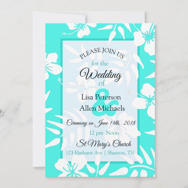 Invitación a la boda verde azulada de Hibiscus (Anverso)