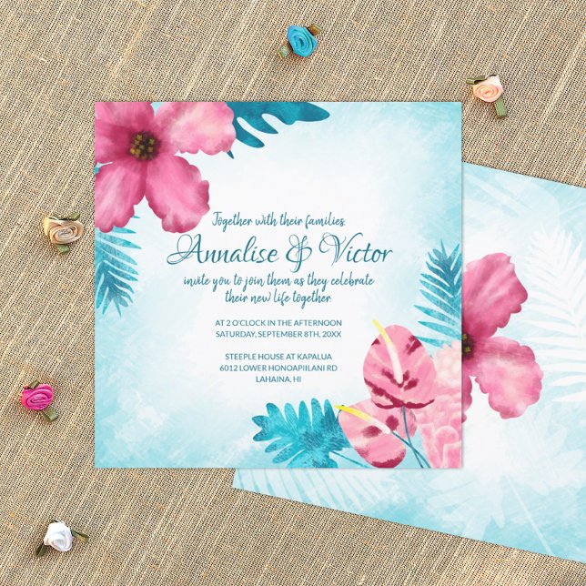 Invitación a la boda Verde azulada de Hibiscus Tro (turquoise and pink tropical wedding invitation card, pink Hawaiian hibiscus and gumdrop flowers)