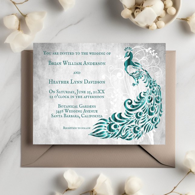 Invitación a la boda verde azulada de la hoja de p (Teal Peacock Leaf Vine Wedding Invitation)