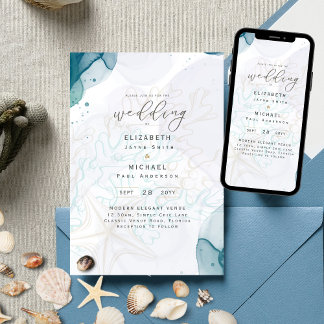 Invitación a la Boda Verde azulada de la Playa Gol