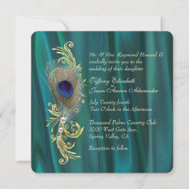 Invitación a la boda verde azulada de la pluma de 