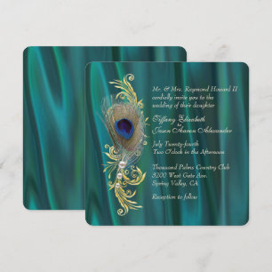 Invitación a la boda verde azulada de la pluma de
