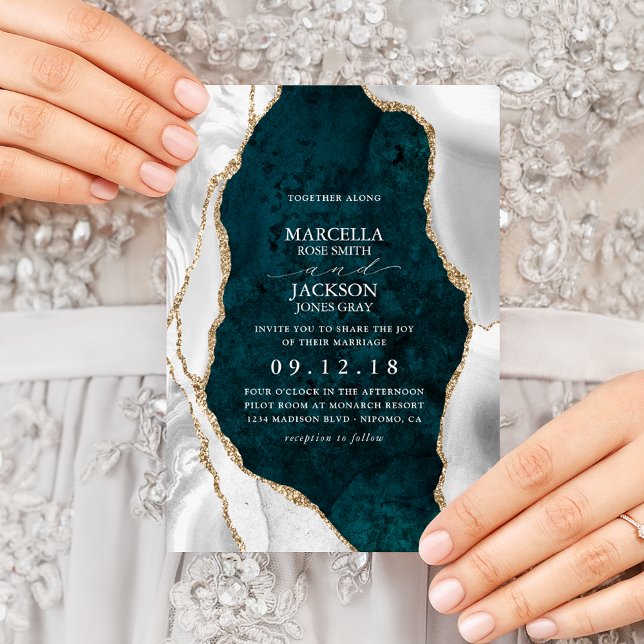 Invitación a la boda verde azulada de mármol, blan (Subido por el creador)