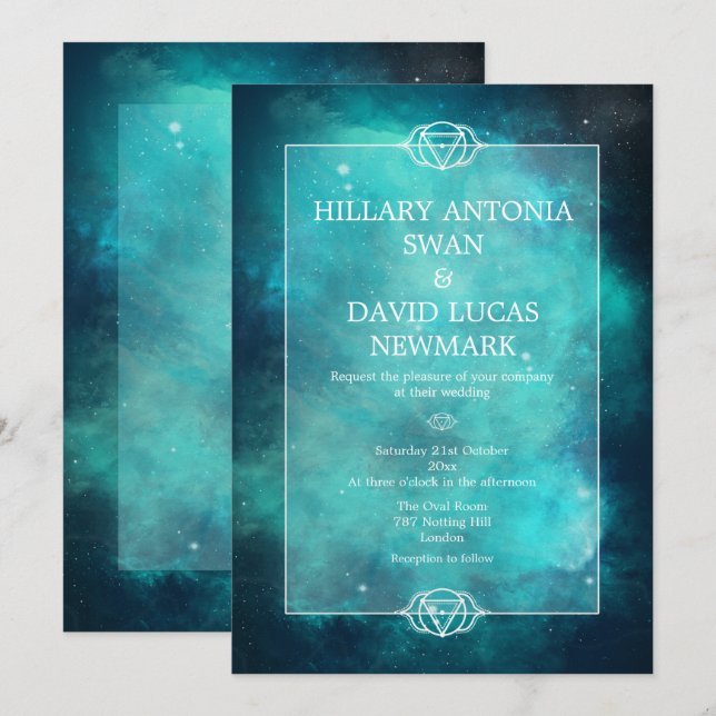 Invitación a la boda verde azulada de Nebula y Cha (Anverso / Reverso)