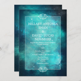 Invitación a la boda verde azulada de Nebula y Cha