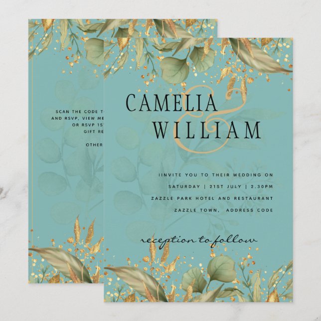 Invitación a la Boda Verde azulada de Oro de LeahG (Anverso / Reverso)