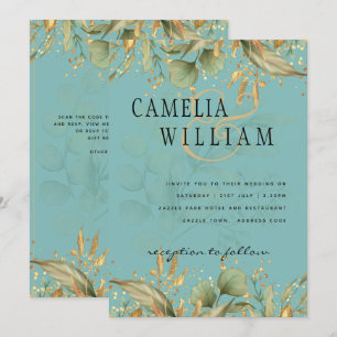 Invitación a la Boda Verde azulada de Oro de LeahG