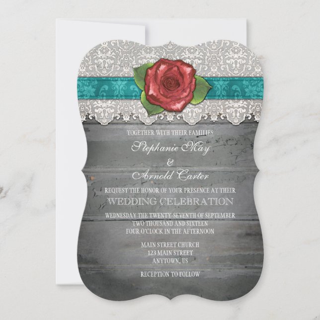 Invitación a la boda Verde azulada de Rosa Rústico (Anverso)